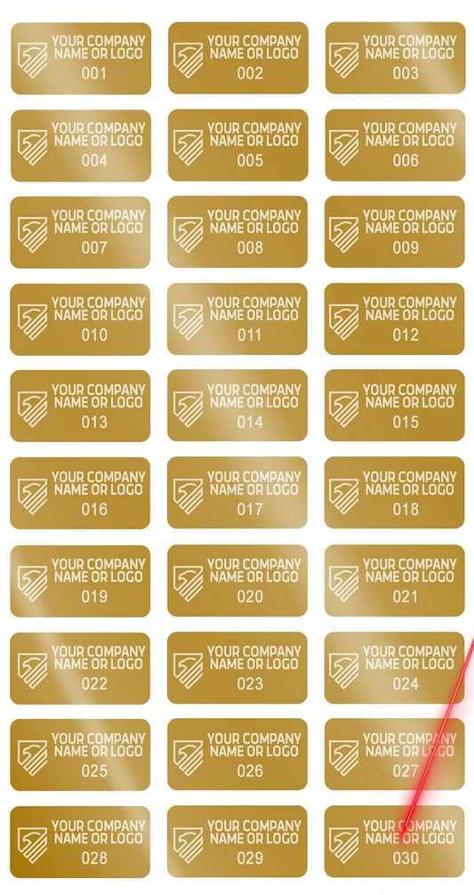 5,000 Gold TamperVoidPro Tamper Evident Security Labels Seal Sticker, Rectangle 1" x 0.5" (25mm x 13mm). Demetalized Laser Customization. >Click on item details to customize it.