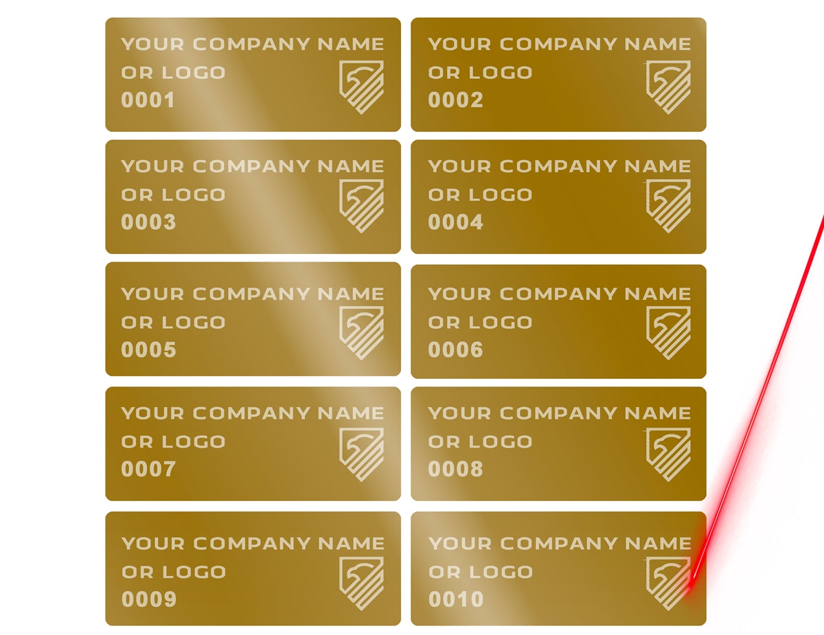 5,000 Gold TamperVoidPro Tamper Evident Security Labels Seal Sticker, Rectangle 1.5" x 0.6" (38mm x 15mm). Demetalized Laser Customization. >Click on item details to customize it.