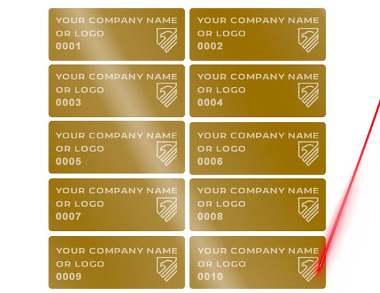 5,000 Gold TamperVoidPro Tamper Evident Security Labels Seal Sticker, Rectangle 1.5" x 0.6" (38mm x 15mm). Demetalized Laser Customization. >Click on item details to customize it.