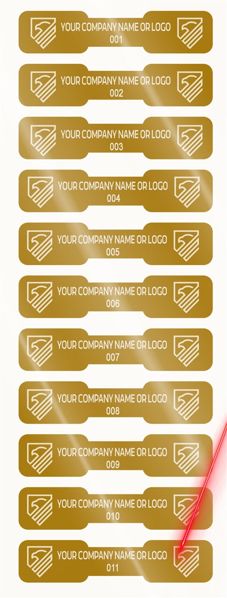 5,000 Gold TamperVoidPro Tamper Evident Security Labels Seal Sticker, Dogbone Shape Size 1.75" x 0.375 (44mm x 9mm). Demetalized Laser Customization. >Click on item details to customize it.