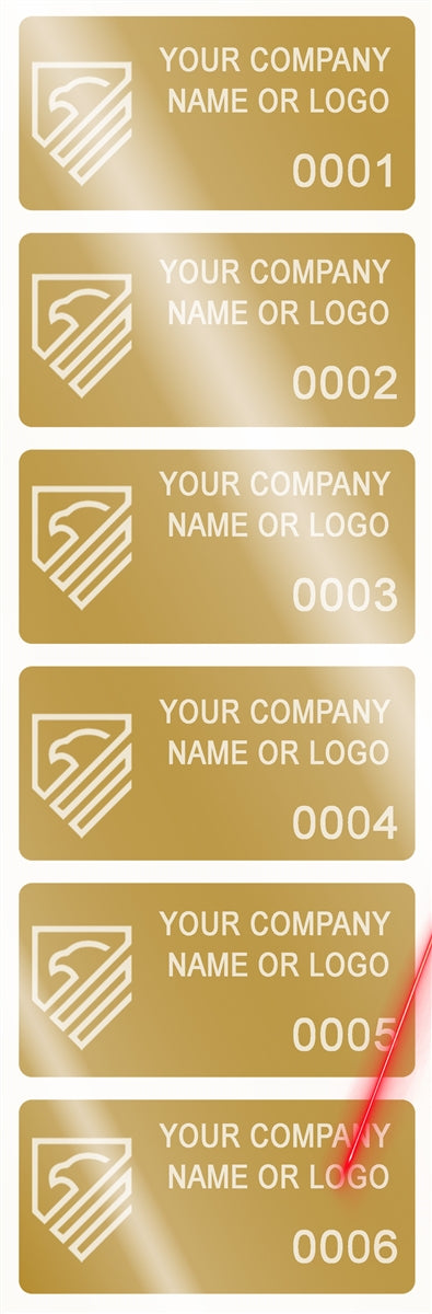 5,000 Gold TamperVoidPro Tamper Evident Security Labels Seal Sticker, Rectangle 2" x 1" (51mm x 25mm). Demetalized Laser Customization. >Click on item details to customize it.