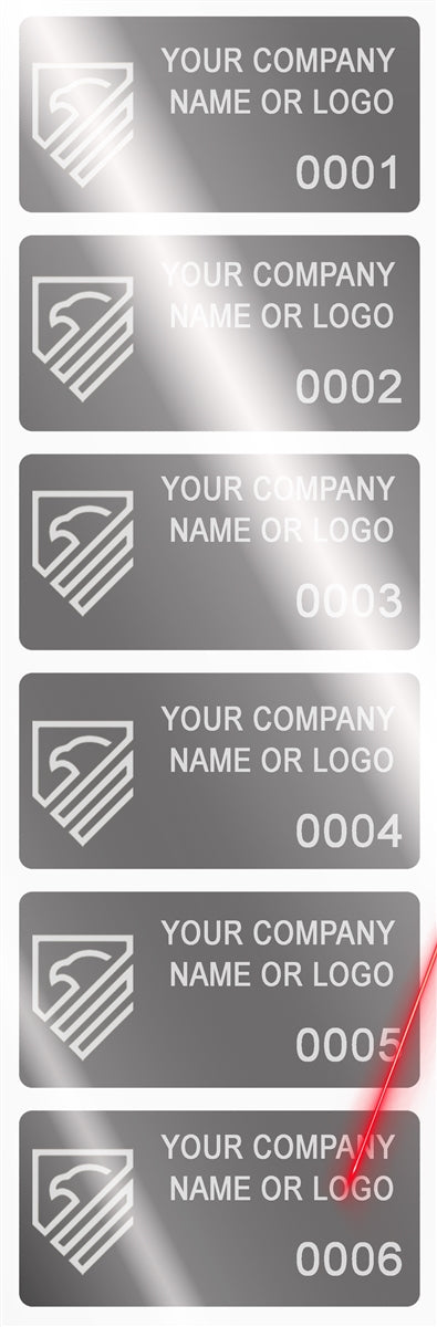 5,000 Silver Bright TamperVoidPro Metallic Tamper Evident Security Labels Seal Sticker, Rectangle 2" x 1" (51mm x 25mm). Demetalized Laser Customization. >Click on item details to customize it.