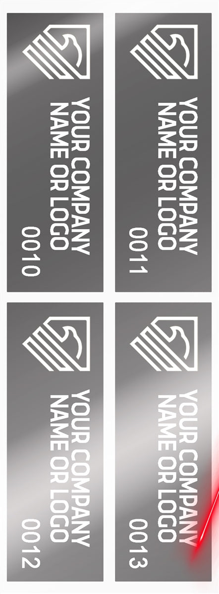5,000 Silver Bright TamperVoidPro Metallic Tamper Evident Security Labels Seal Sticker, Rectangle 2.75" x 1" (70mm x 25mm). Demetalized Laser Customization. >Click on item details to customize it.