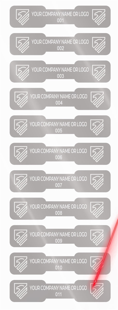 5,000 Silver Matte TamperVoidPro Tamper Evident Security Labels Seal Sticker, Dogbone Shape Size 1.75" x 0.375 (44mm x 9mm). Demetalized Laser Customization. >Click on item details to customize it.