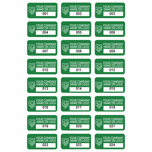 1,000 Two Color Asset Identification Security Labels 1" x 0.5" (25mm x 13mm), Custom Print. >Click on item details to customize it.