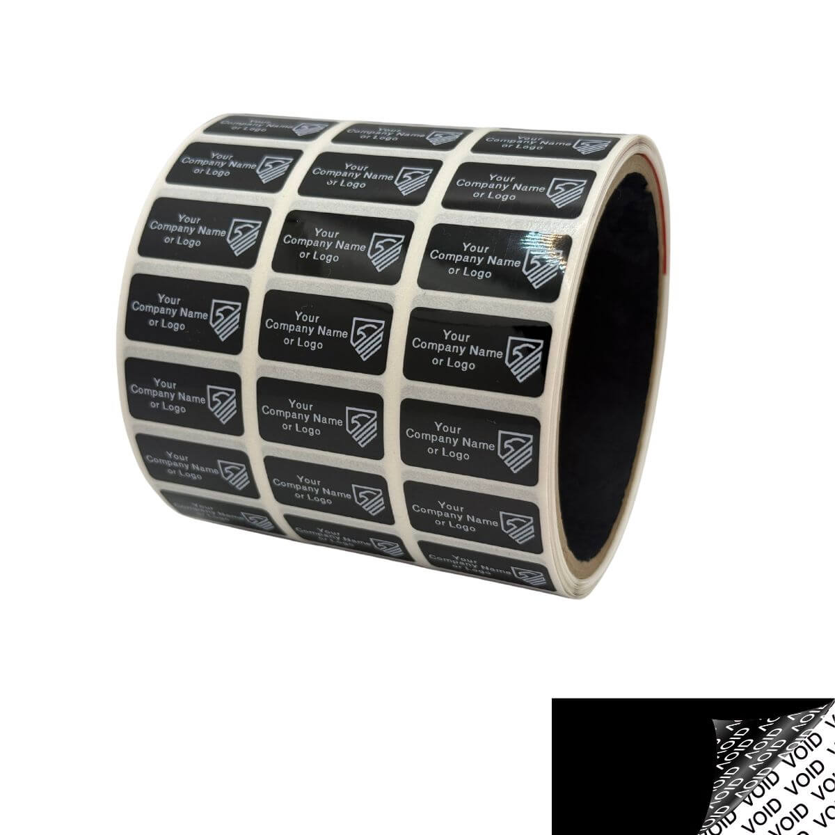 250 TamperColor® Black Custom Printed Security Labels: Tamper Evident, Rectangle 1" x 0.5" (25mm x 13mm) >Click on item details to customize.