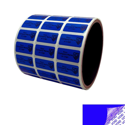 500 TamperColor® Blue Custom Printed Security Labels: Tamper Evident, Rectangle 1" x 0.5" (25mm x 13mm) >Click on item details to customize.