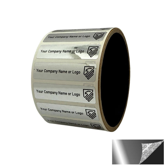 5,000 Silver Bright TamperGuard® Tamper Evident Security Label Seal Sticker Non Residue, Rectangle 1"x 0.5" (25mm x 13mm). Custom Print. >Click on item details to customize it.