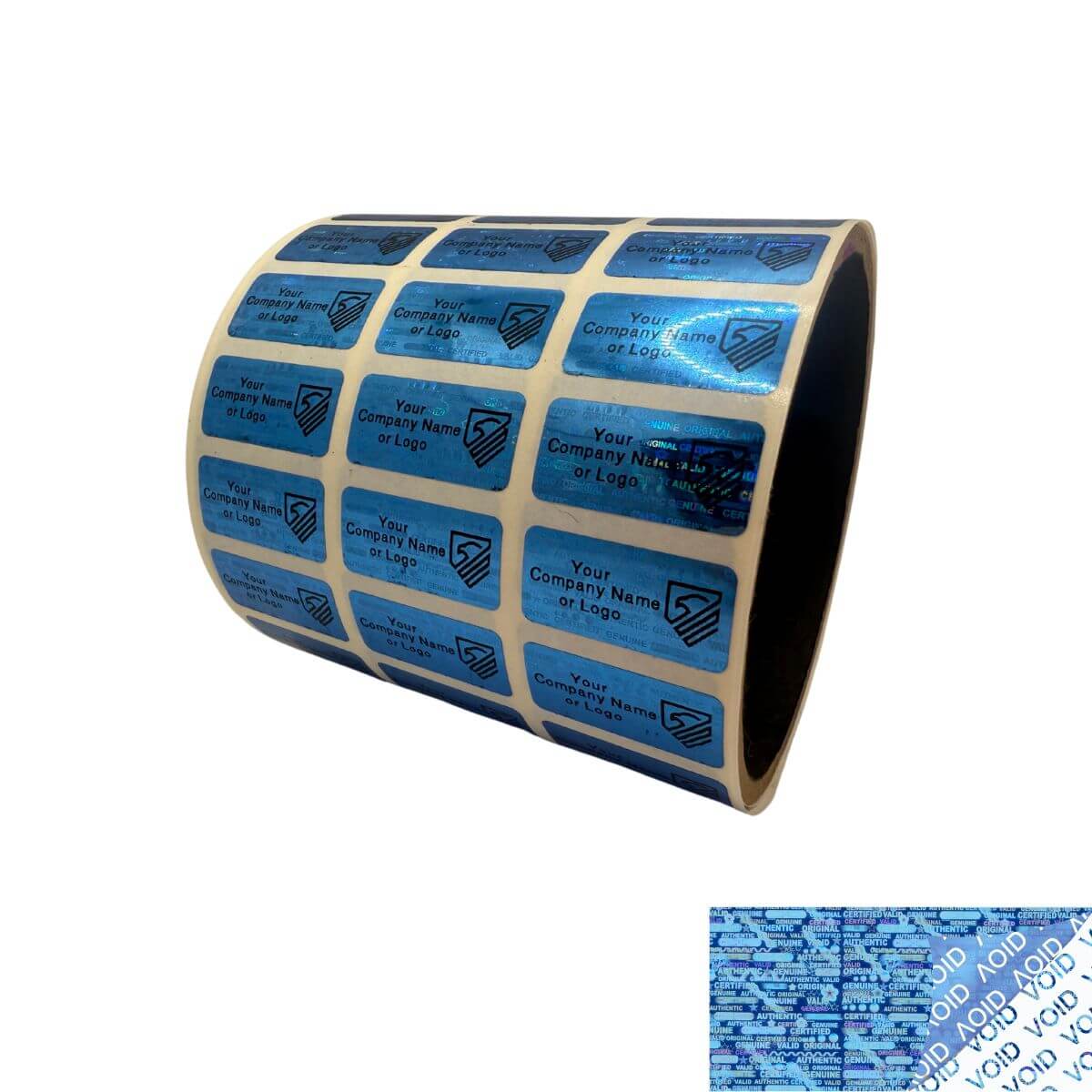 2,000 Blue Tamper Evident Security Holographic Label Seal Sticker, Rectangle 1" x 0.5" (25mm x 13mm). CustomPrinted. >Click on item details to Customize.