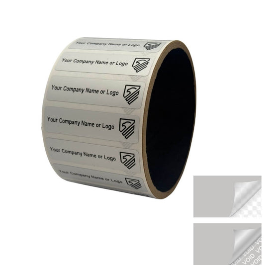 5,000 Tamper Evident Security Labels Silver Matte TamperVoidPro Seal Sticker, Rectangle 2" x 0.5" (51mm x 13mm). Custom Printed. >Click on item details to customize.