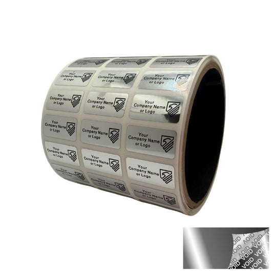 10,000 Metallic Tamper Evident Security Labels Silver Bright TamperVoid Seal Sticker, Rectangle 1" x 0.5" (25mm x 13mm). Custom Printed. >Click on item details to customize.