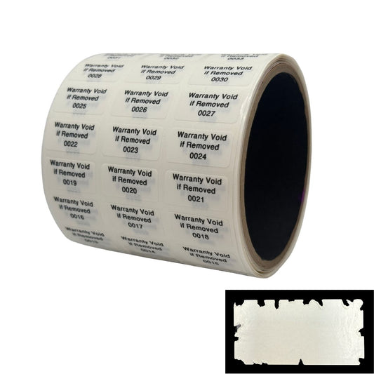 5,000 White Destructible Security Labels 1" x 0.5" (25mm x 13mm), Printed: Warranty, Void if Removed + Serial Number