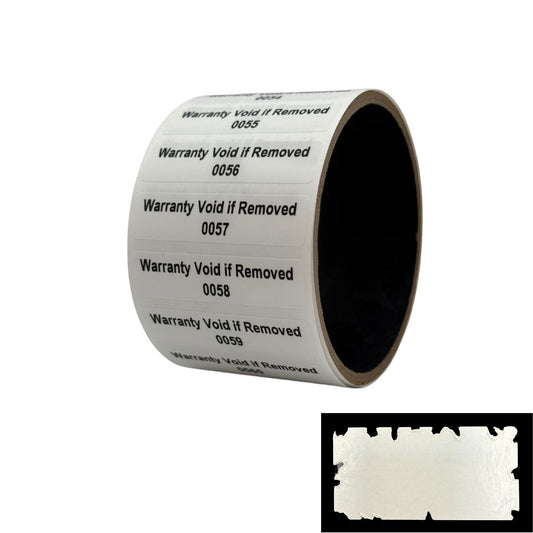 5,000 White Destructible Security Labels, Rectangle 2" x 0.5" (51mm x 13mm), Printed: Warranty, Void if Removed + Serial Number