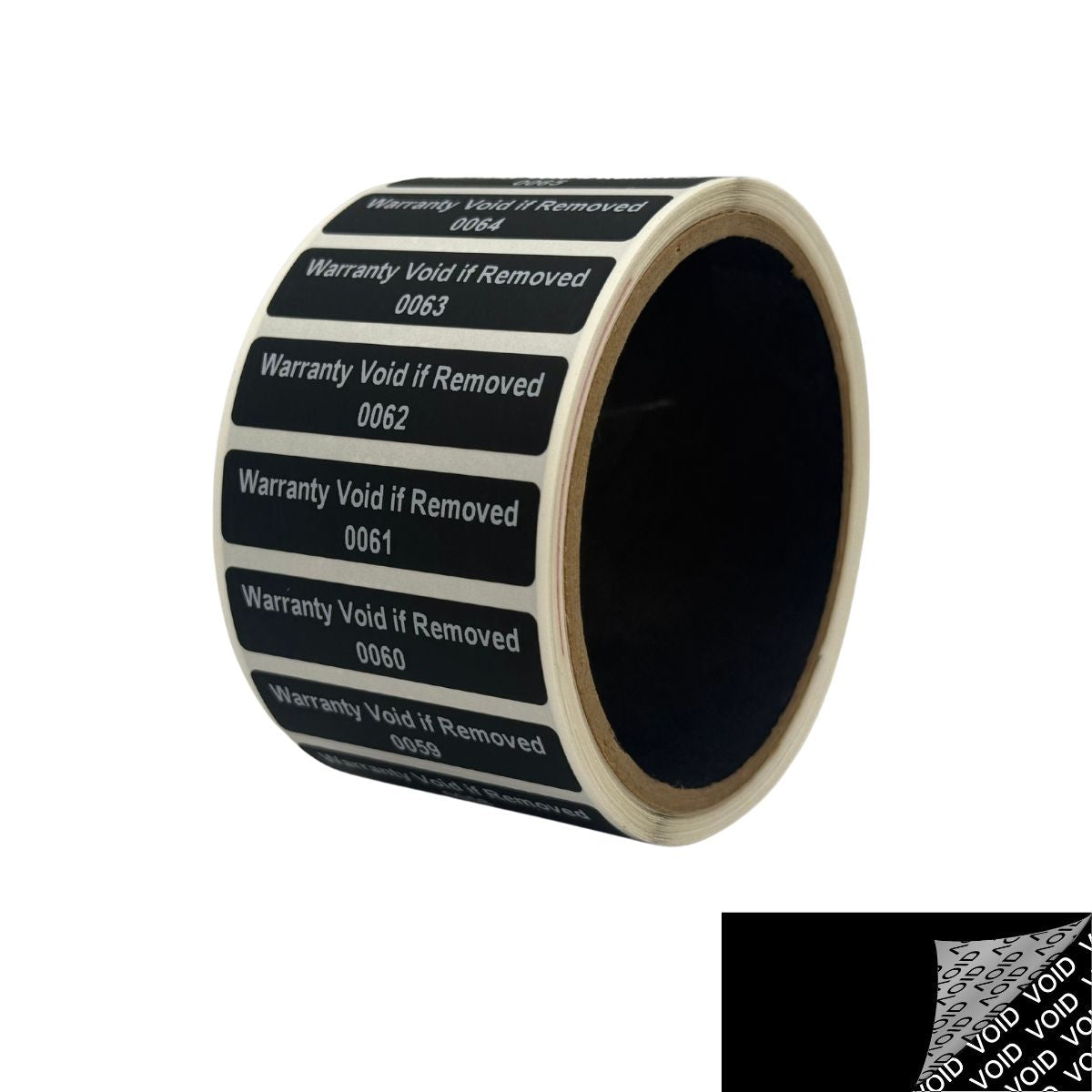 10,000 Black TamperColor® Tamper Evident Security Label Seal Sticker, Rectangle 2" x 0.5" (51mm x 13mm). Printed: Warranty Void if Removed + Serial Number