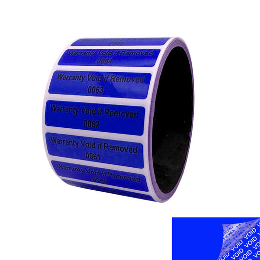 5,000 Blue TamperColor® Tamper Evident Security Label Seal Sticker, Rectangle 2" x 0.5" (51mm x 13mm). Printed: Warranty Void if Removed + Serial Number