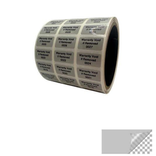 500 Tamper Evident Grey Security Labels TamperColor® Seal Sticker, Rectangle 1" x 0.5" (25mm x 13mm). Printed: Warranty Void if Removed + Serialization