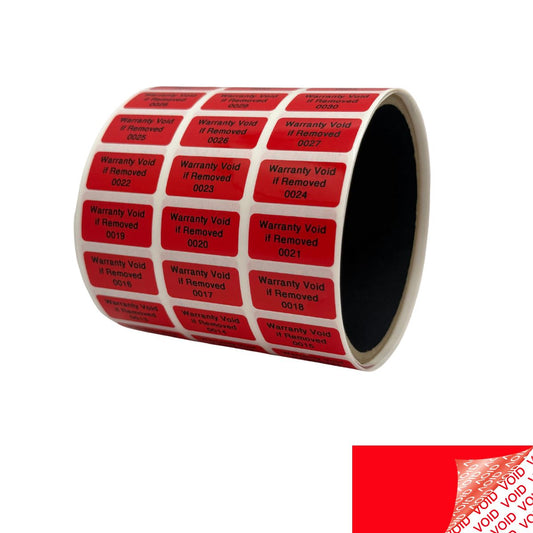 500 Tamper Evident Red Security Labels TamperColor® Seal Sticker, Rectangle 1" x 0.5" (25mm x 13mm). Printed: Warranty Void if Removed + Serial Number..