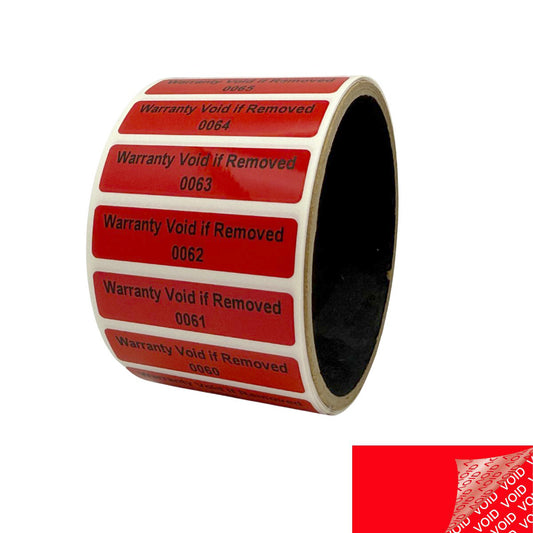 5,000 Red TamperColor® Tamper Evident Security Label Seal Sticker, Rectangle 2" x 0.5" (51mm x 13mm). Printed: Warranty Void if Removed + Serial Number