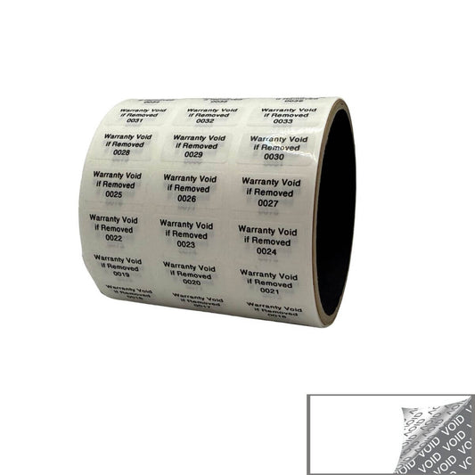 500 Tamper Evident White Security Labels TamperColor® Seal Sticker, Rectangle 1" x 0.5" (25mm x 13mm). Printed: Warranty Void if Removed + Serialization