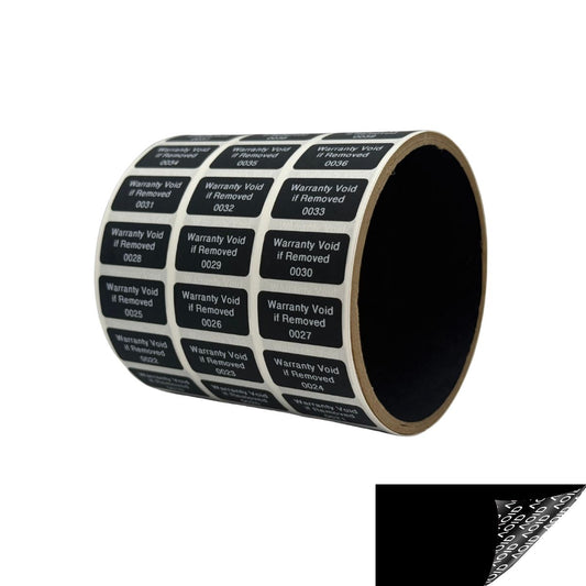 5,000 Black TamperGuard® Tamper Evident Security Label Seal Sticker Non Residue, Rectangle 1"x 0.5" (25mm x 13mm). Printed: Warranty Void if Removed + Serial Number.