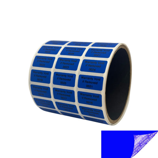 5,000 Blue TamperGuard® Tamper Evident Security Label Seal Sticker Non Residue, Rectangle 1"x 0.5" (25mm x 13mm). Printed: Warranty Void if Removed + Serial Number.