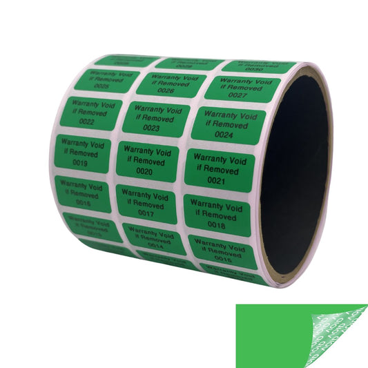 5,000 Green TamperGuard® Tamper Evident Security Label Seal Sticker Non Residue, Rectangle 1"x 0.5" (25mm x 13mm). Printed: Warranty Void if Removed + Serial Number.
