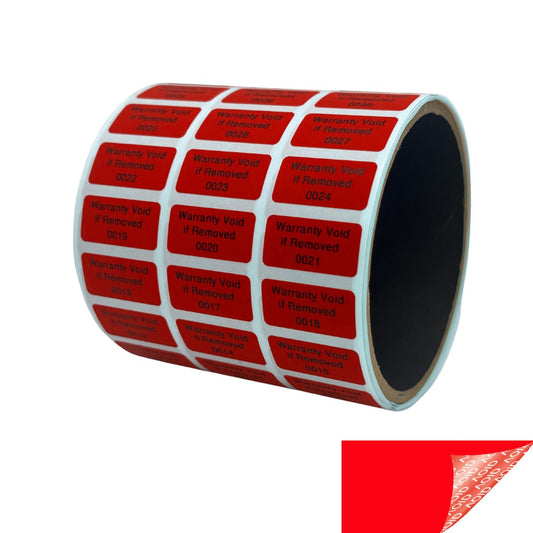 5,000 Red TamperGuard® Tamper Evident Security Label Seal Sticker Non Residue, Rectangle 1"x 0.5" (25mm x 13mm). Printed: Warranty Void if Removed + Serial Number.