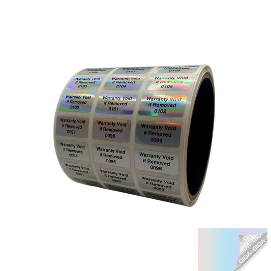 5,000 Rainbow TamperGuard® Tamper Evident Security Label Seal Sticker Non Residue, Rectangle 1"x 0.5" (25mm x 13mm). Printed: Warranty Void if Removed + Serial Number.