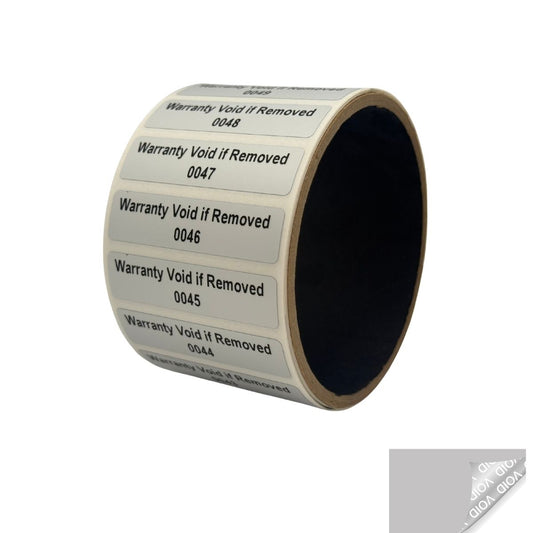 500 Tamper Evident Metallic Silver Matte Non Residue Security Labels TamperGuard® Seal Sticker, Rectangle 2" x .5" (51mm x 13mm). Printed: Warranty Void if Removed + Serialized