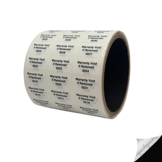 5,000 White TamperGuard® Tamper Evident Security Label Seal Sticker Non Residue, Rectangle 1"x 0.5" (25mm x 13mm). Printed: Warranty Void if Removed + Serial Number.