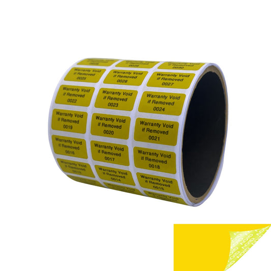 5,000 Yellow TamperGuard® Tamper Evident Security Label Seal Sticker Non Residue, Rectangle 1"x 0.5" (25mm x 13mm). Printed: Warranty Void if Removed + Serial Number.