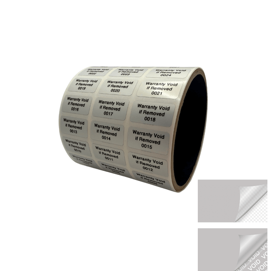 5,000 TamperVoidPro® Metallic Silver Matte Tamper Evident Security Labels Seal Sticker, Rectangle 0.1" x 0.5" (25mm x 13mm). Printed: Warranty Void if Label Removed.