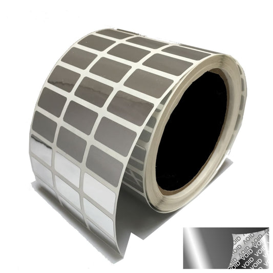 10,000 Bright TamperVoid Metallic Silver Tamper-Evident Security Labels Seal Sticker, Rectangle 1" x 0.5" (25mm x 13mm).