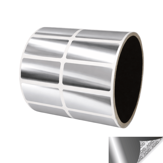 250 Silver Bright/ Chrome Tamper-Evident Security Labels TamperGuard® Seal Sticker, Rectangle 1.5" x 0.6" (38mm x 15mm).