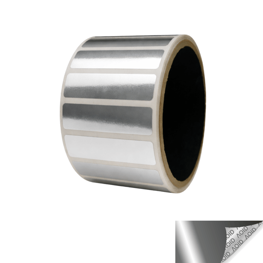 250 Silver Bright/ Chrome No Residue Tamper-Evident Security Labels TamperGuard® Seal Sticker, Rectangle 2" x 0.5" (51mm x 13mm).