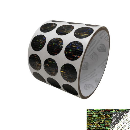 250 Black Tamper Evident Holographic Security Round Label Seal Sticker, Round/ Circle 0.75" diameter (19mm).