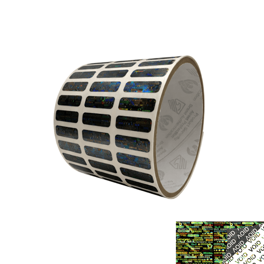 250 Black Tamper Evident Holographic Security Label Seal Sticker, Rectangle 0.75" x 0.25" (19mm x 6mm).
