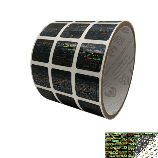 1,000 Black Tamper Evident Holographic Security Label Seal Sticker, Square 0.75" (19mm).