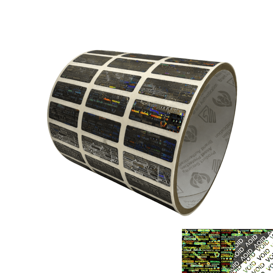 1,000 Black Tamper Evident Holographic Security Label Seal Sticker, Rectangle 1" x 0.375" (25mm x 9mm).