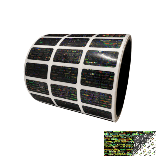 1,000 Black Tamper Evident Holographic Security Label Seal Sticker, Rectangle 1" x 0.5" (25mm x 13mm).