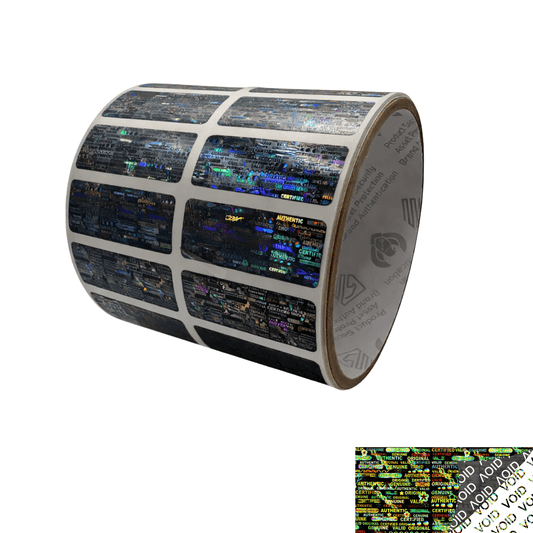 1,000 Black Tamper Evident Holographic Security Label Seal Sticker, Rectangle 1.5" x 0.6" (38mm x 15mm).