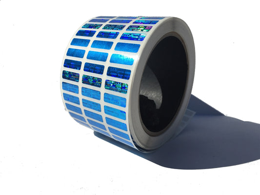 5,000 Blue Tamper Evident Holographic Security Label Seal Sticker, Rectangle 1" x 0.375" (25mm x 9mm).