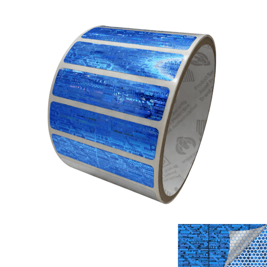 500 Tamper Evident Holographic Bright Blue Security Label Seal Sticker, Rectangle 2" x 0.5" (51mm x 13mm).