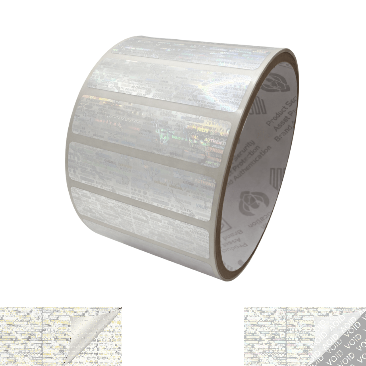 500 Tamper Evident Holographic Bright Clear Security Label Seal Sticker, Rectangle 2" x 0.5" (51mm x 13mm).
