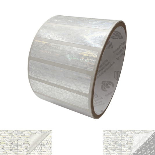 500 Tamper Evident Holographic Bright Clear Security Label Seal Sticker, Rectangle 2" x 0.5" (51mm x 13mm).