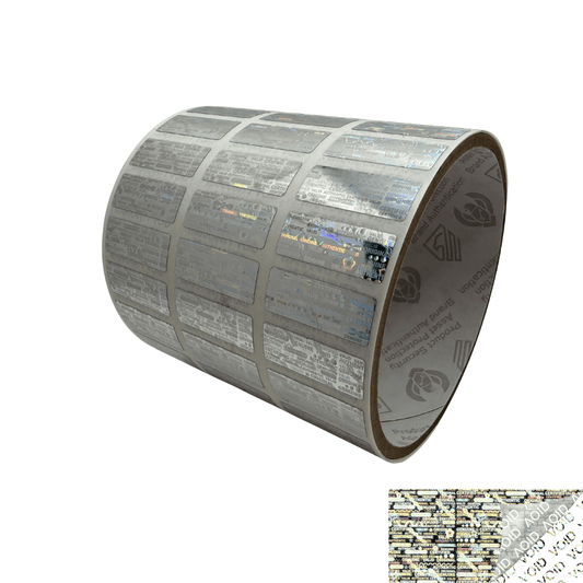 250 Silver Tamper Evident Holographic Security Label Seal Sticker, Rectangle 1" x 0.375" (25mm x 9mm).