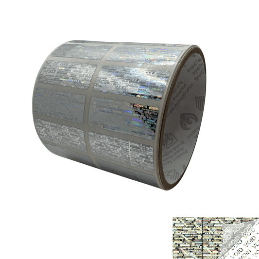 250 Silver Tamper Evident Holographic Security Label Seal Sticker, Rectangle 1.5" x 0.6" (38mm x 15mm).