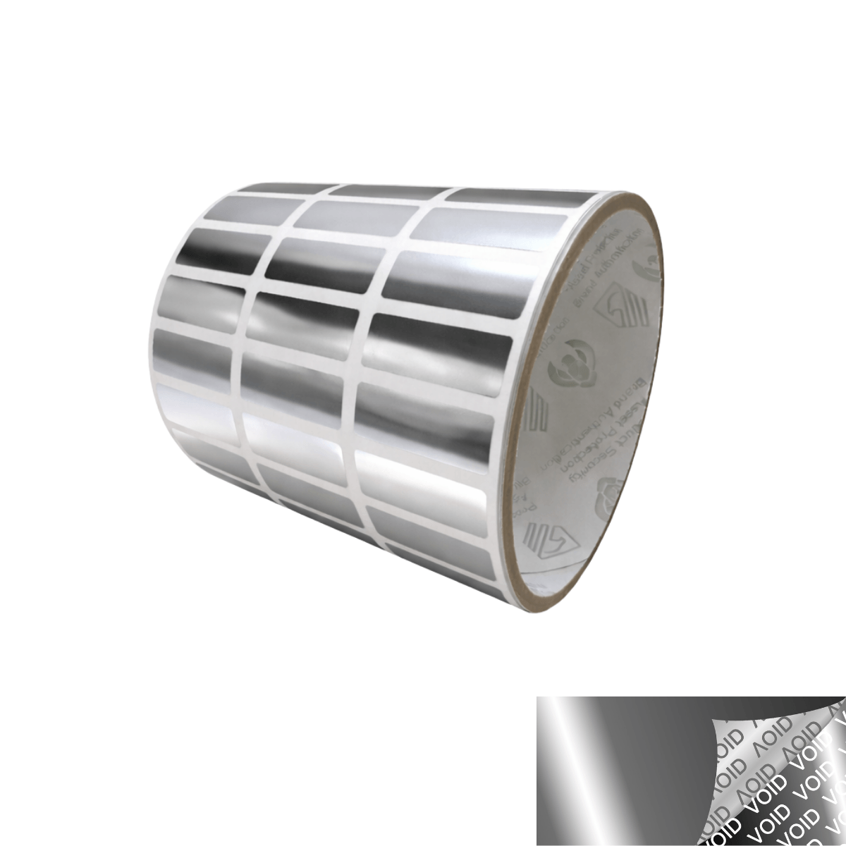 250 TamperVoidPro® Metallic Silver Chrome Tamper-Evident Security Labels Seal Sticker, Rectangle 1" x 0.375" (25mm x 9mm).