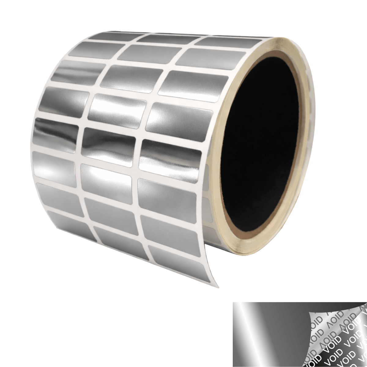 250 TamperVoidPro® Metallic Silver Chrome Tamper-Evident Security Labels Seal Sticker, Rectangle 1" x 0.5" (25mm x 13mm).