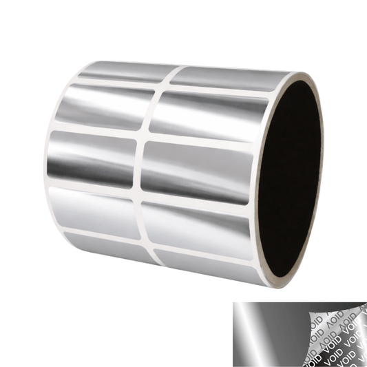 500 TamperVoidPro® Metallic Silver Chrome Tamper-Evident Security Labels Seal Sticker, Rectangle 1.5" x 0.6" (38mm x 15mm).